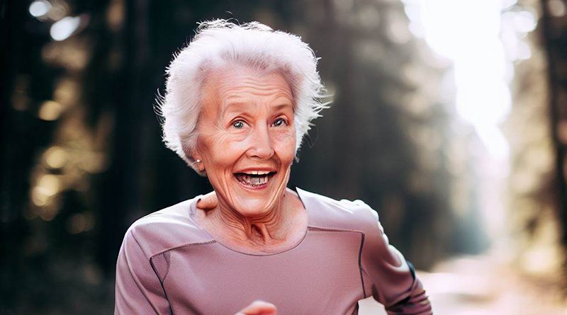 Frau weiße Haare Bedeutung einer ausgewogenen Ernährung im Alter Joggen Running Forest Woman Happy Women running through the Woods