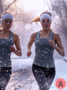 schlechte Kleiderwahl zwei Frauen joggen im Schnee über eine Landstraße oder einem Feldweg