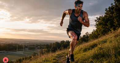Kurze Muskelfasern oder schnelle Muskelfasern? Kraft, Sprint und Ausdauer einfach erklärt. Mann sprintet den Berg hoch. Trailrunning