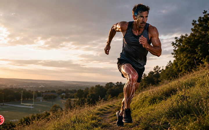Kurze Muskelfasern oder schnelle Muskelfasern? Kraft, Sprint und Ausdauer einfach erklärt. Mann sprintet den Berg hoch. Trailrunning
