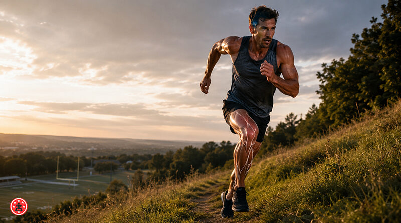 Kurze Muskelfasern oder schnelle Muskelfasern? Kraft, Sprint und Ausdauer einfach erklärt. Mann sprintet den Berg hoch. Trailrunning
